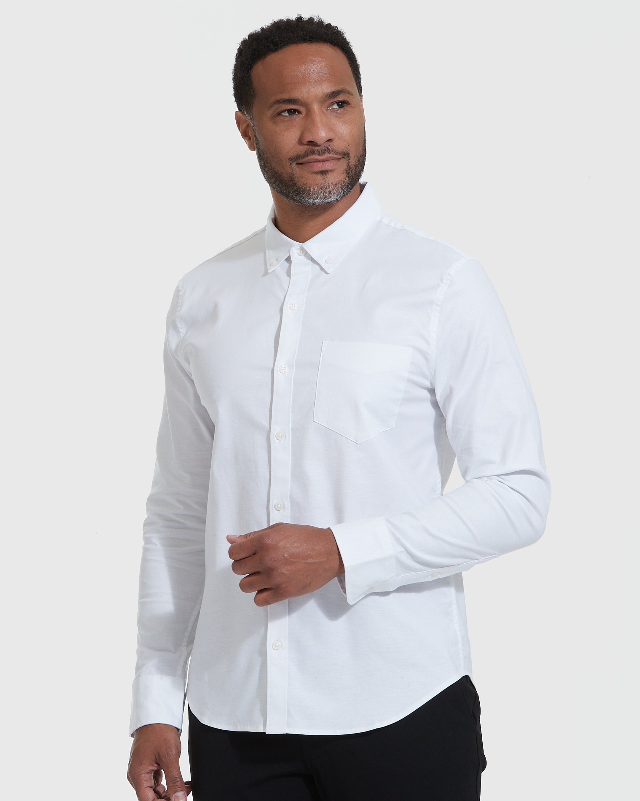 True Classic White Stretch Oxford Long Sleeve Button Up Shirt