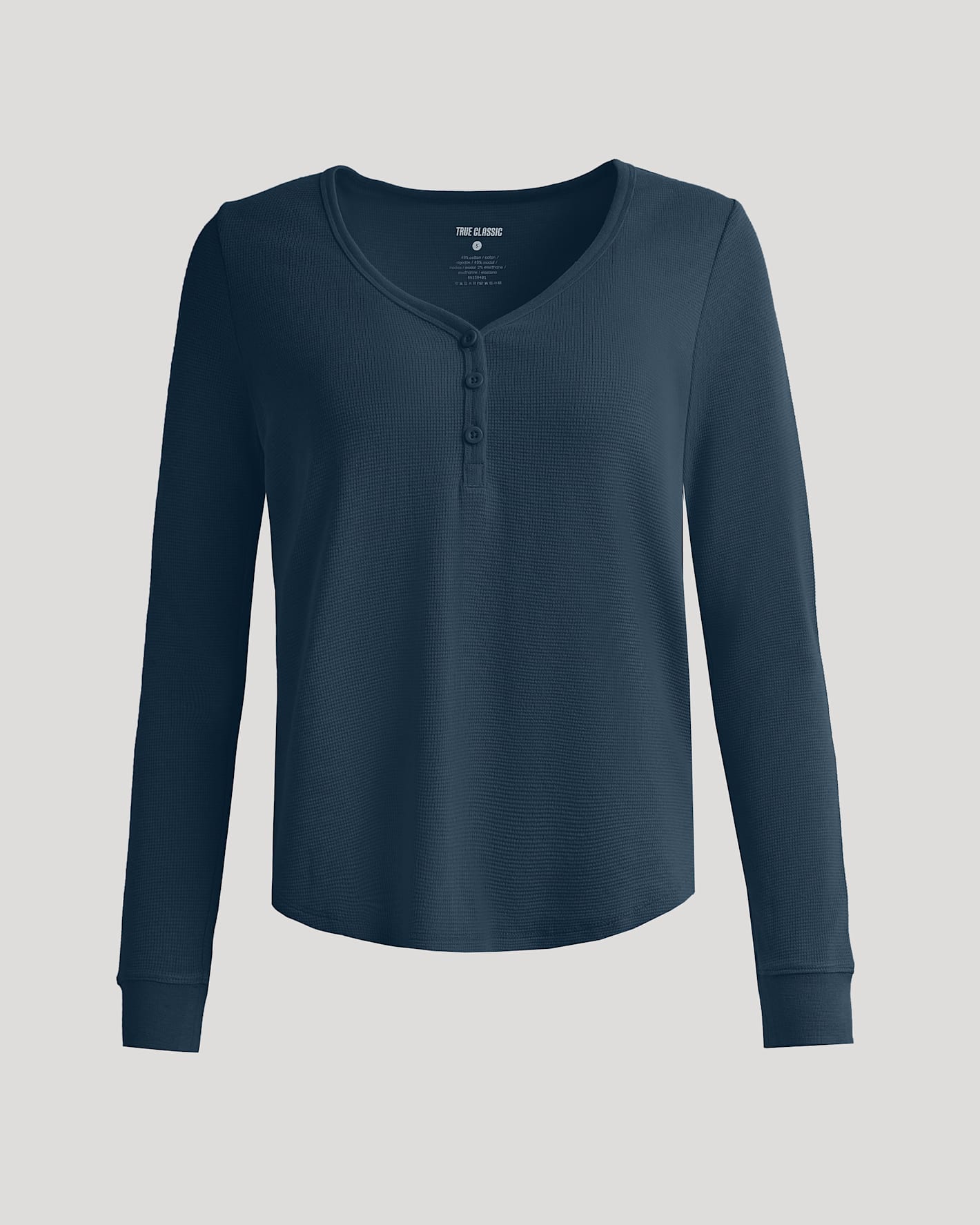 Womens Navy Waffle Long Sleeve Boxy Henley - True Classic