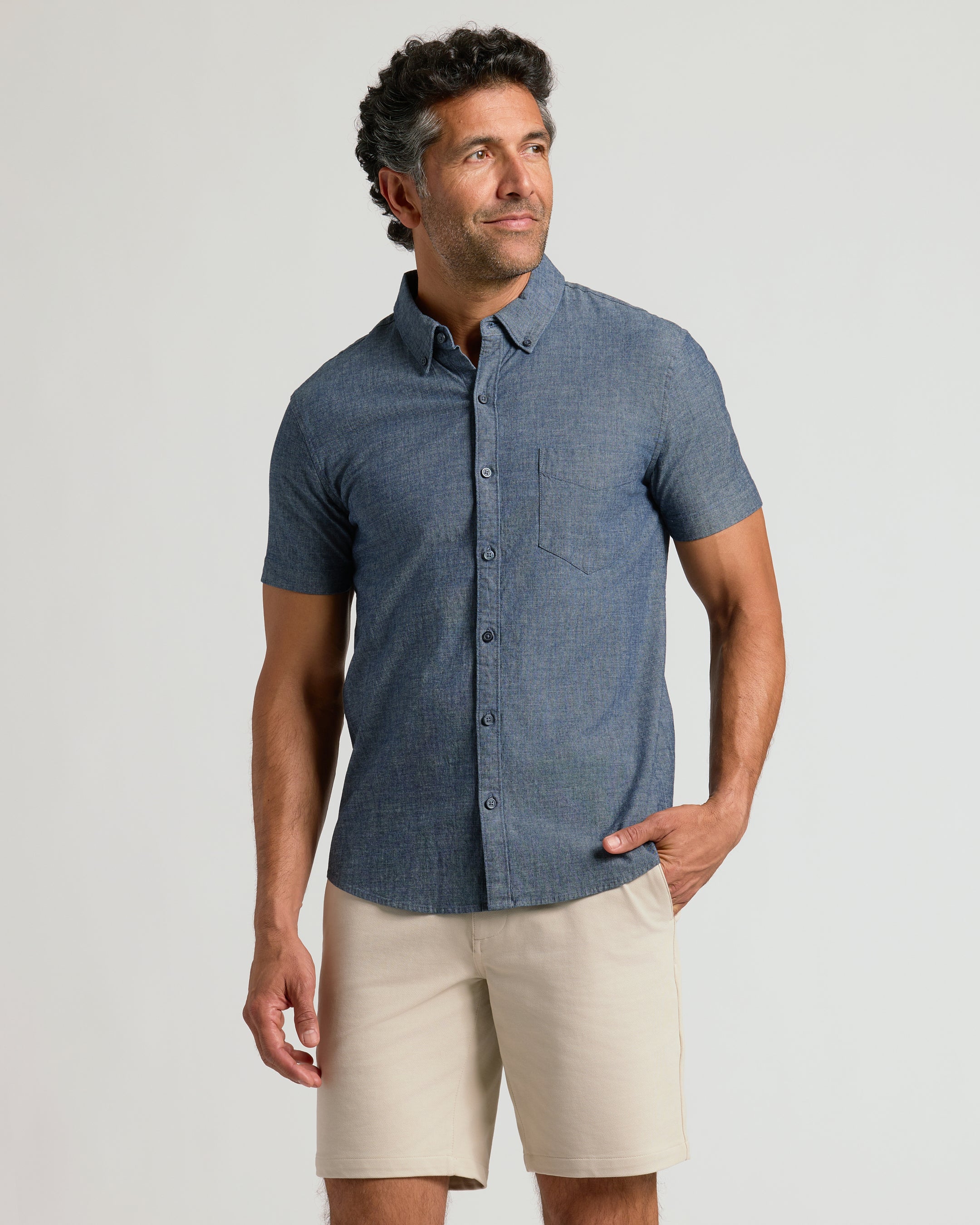 Medium Indigo Wash Short Sleeve Stretch Chambray Shirt – True Classic Medium Indigo Wash Short Sleeve Stretch Chambray Shirt – True Classic
