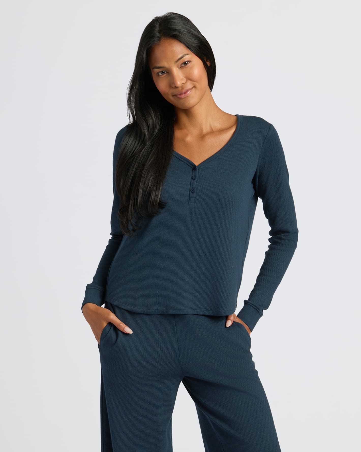 Womens Navy Waffle Long Sleeve Boxy Henley - True Classic