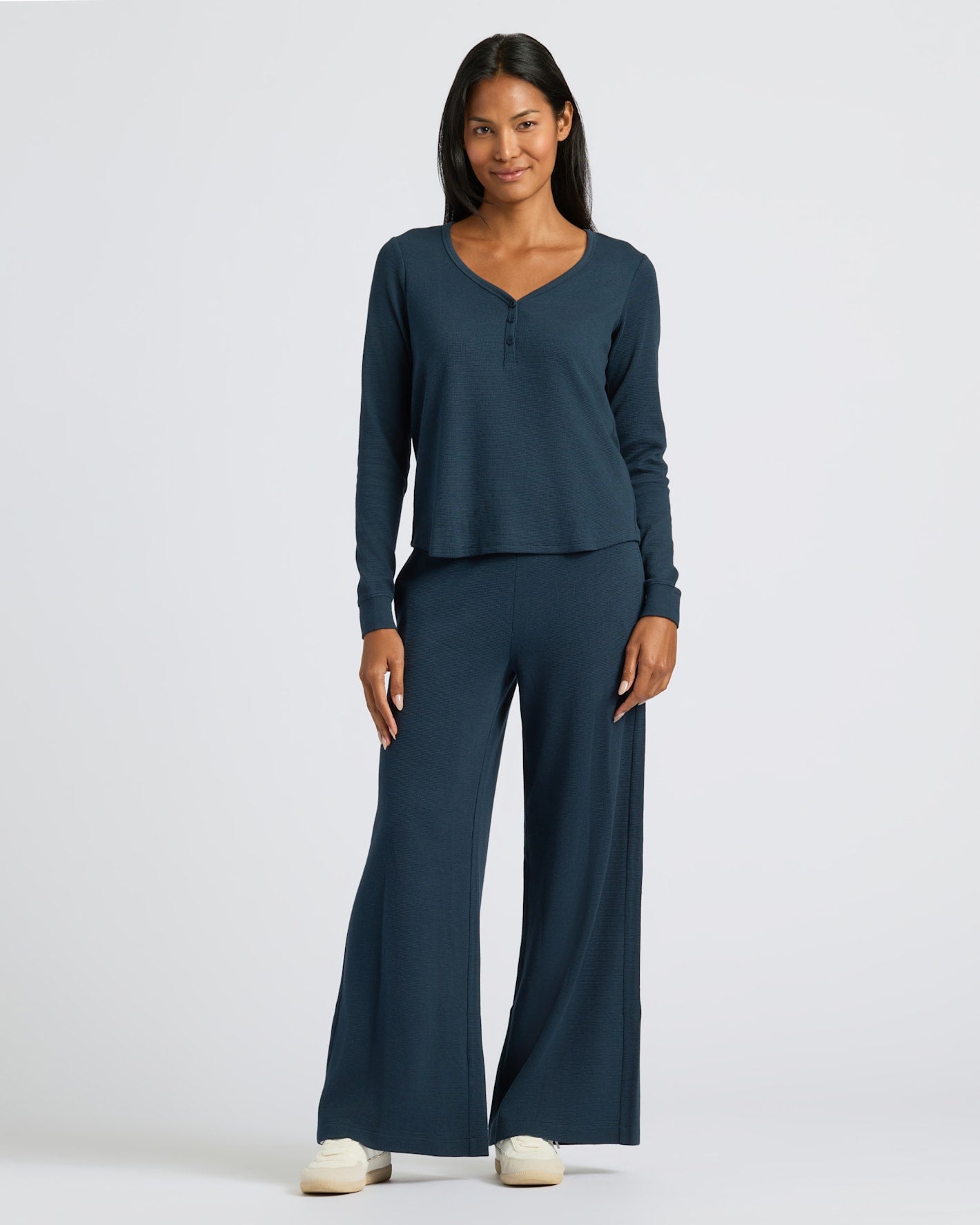 Womens Navy Waffle Long Sleeve Boxy Henley - True Classic