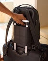 Premium Leather Backpack on suitcase handle, showcasing sleek, durable design.