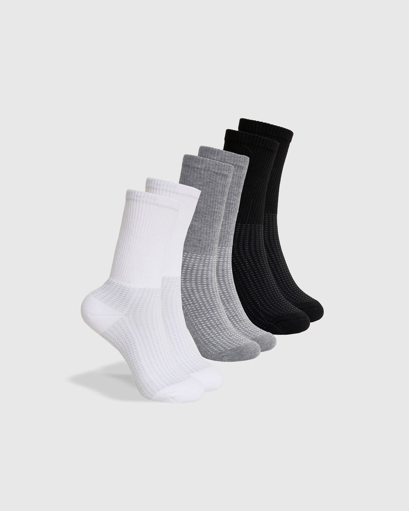 Combo Active Crew Socks 3 Pack in white, gray, and black.
