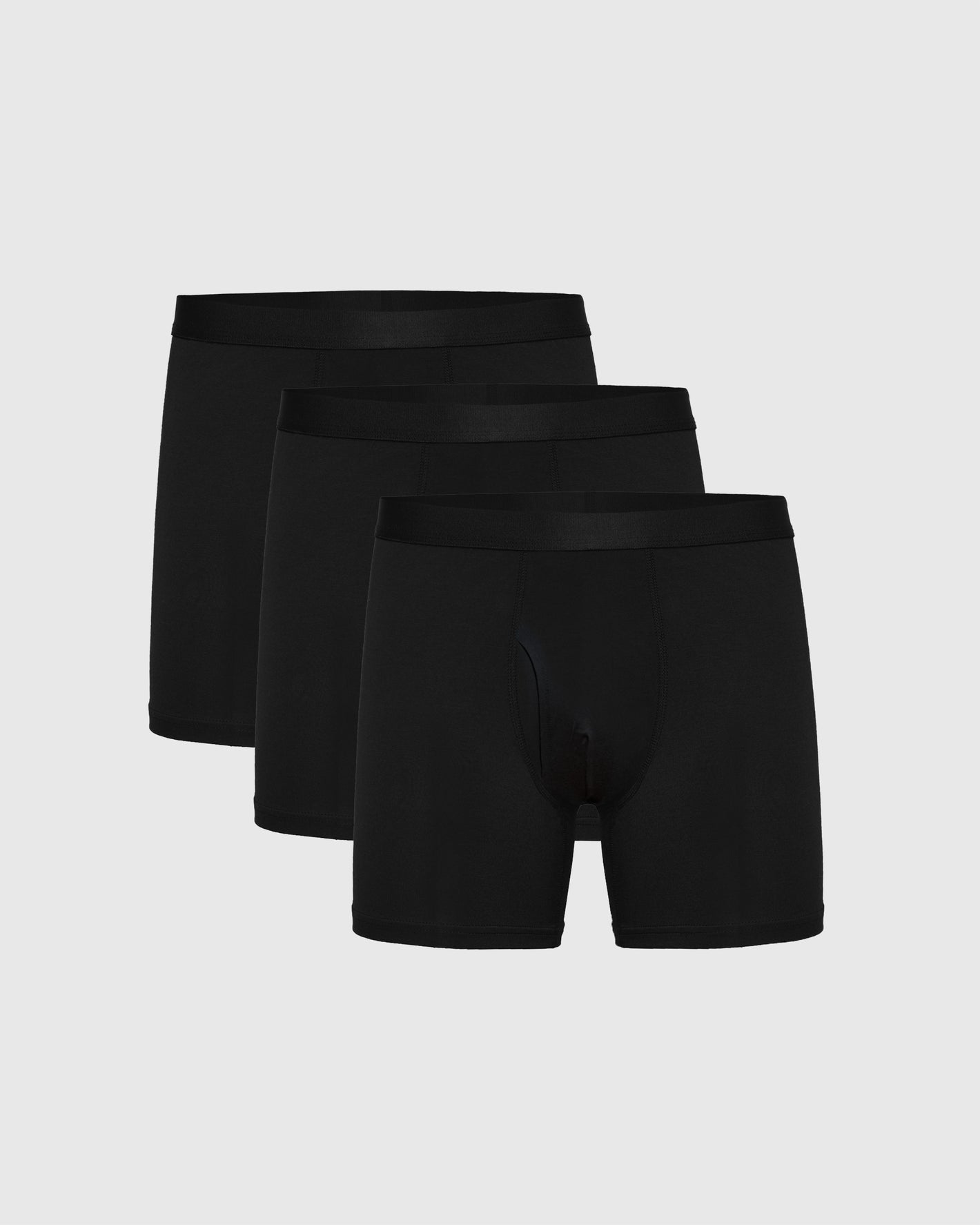Black Boxer Briefs W/ Fly 3-Pack arranged on a light-gray background.