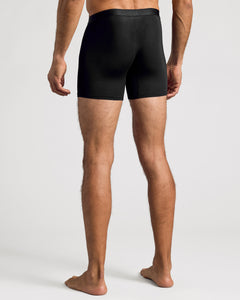 True ClassicBlack Boxer Briefs W/ Fly 6-Pack, shown from behind, barefoot model.