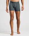 Carbon Boxer Briefs W/ Fly, dark gray, worn by model, barefoot.