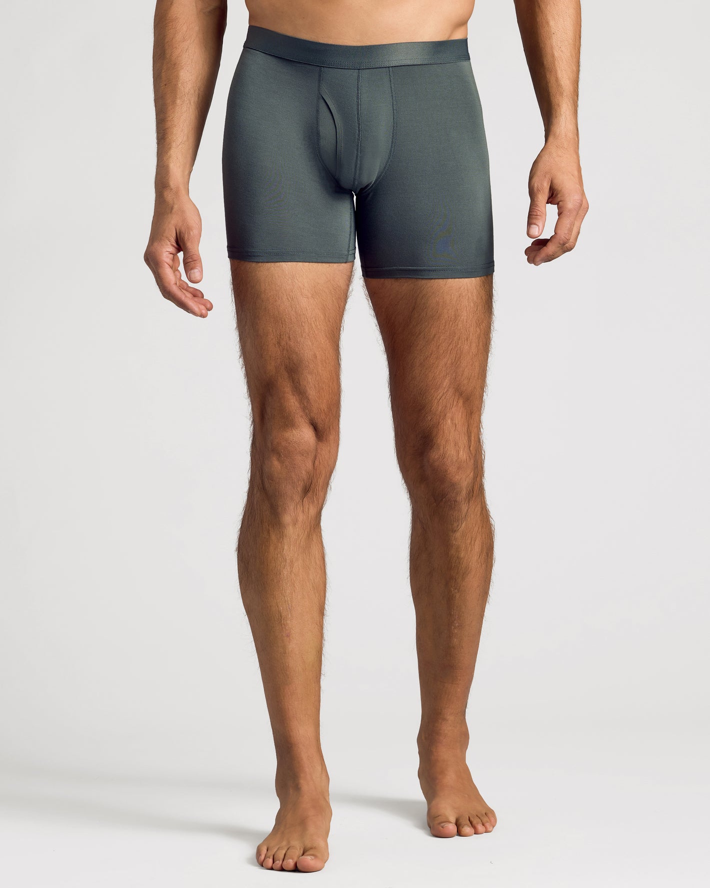 Carbon Boxer Briefs W/ Fly, dark gray, worn by model, barefoot.