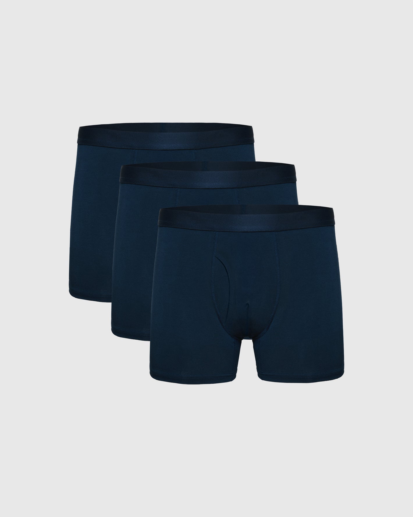 Navy Boxer Trunks W/ Fly 3-Pack displayed on gray background.