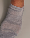 Heather Gray No Show Socks 3 Pack 2.0 on foot, subtle knit pattern.