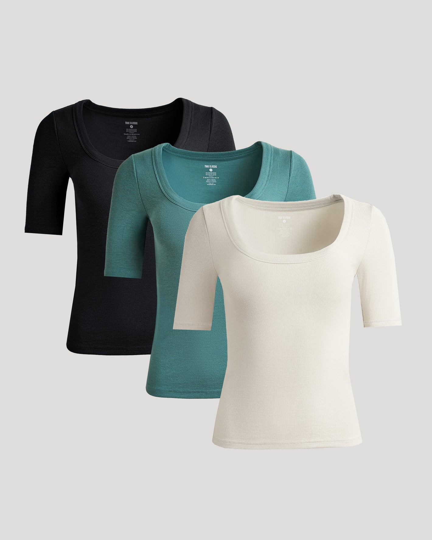 Women's Ribbed ¾ Sleeve Scoop Neck Tee 3-Pack, fanned display.