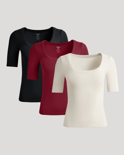 Womens Ribbed 3/4 Sleeve Scoop Neck Tee 3-Pack