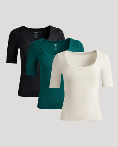 Womens Ribbed 3/4 Sleeve Scoop Neck Tee 3-Pack