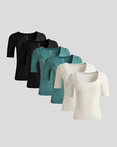 Womens Ribbed 3/4 Sleeve Scoop Neck Tee 6-Pack