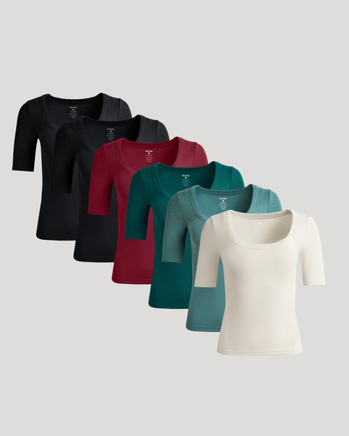 Womens Ribbed 3/4 Sleeve Scoop Neck Tee 6-Pack arrangement.
