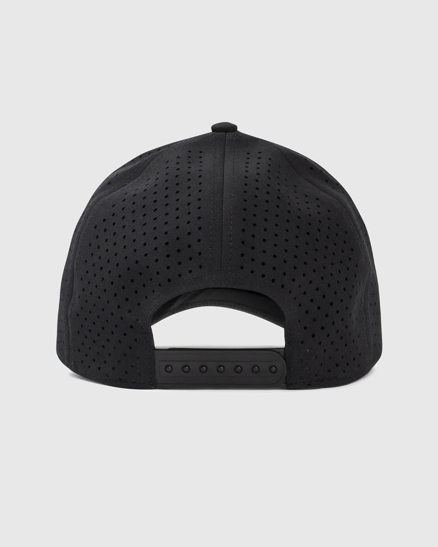 Back of Black All Purpose Logo Cap with vented fabric and snap-closure.
