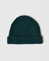 Evergreen Sweater Beanie: dark teal, rib-knit with folded brim.
