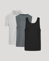 Three shirts in gray, black, and white on a light gray background