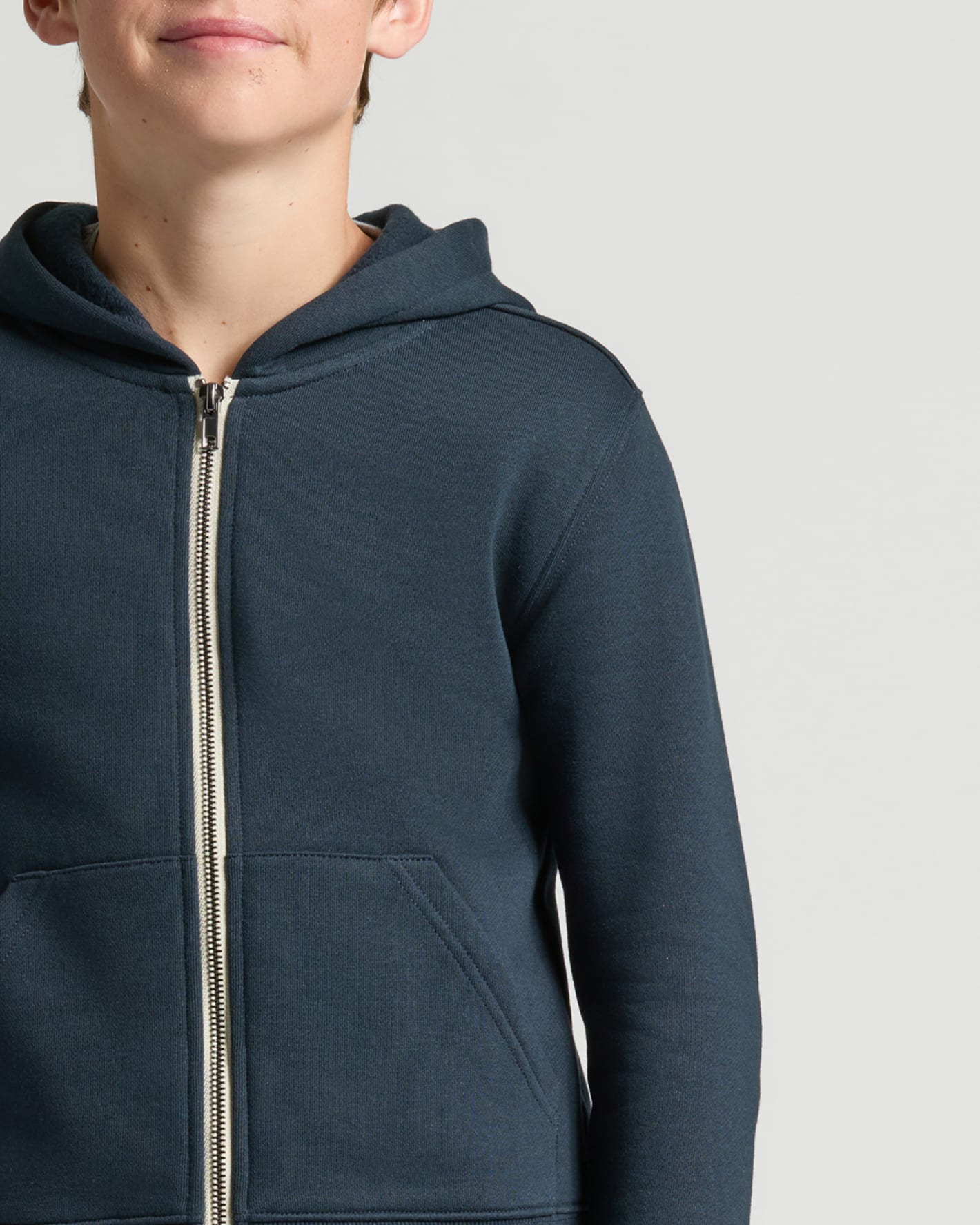 Boys' Navy Fleece Full Zip Hoodie with silver zipper and pouch pockets.