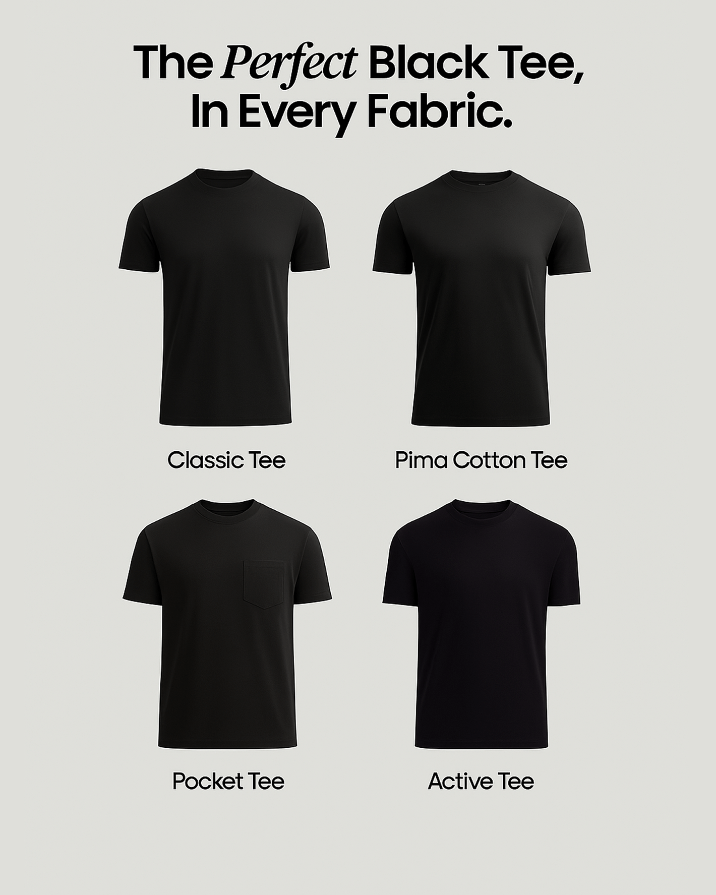 Every Occasion Pack: Four black T-shirt styles displayed.