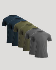 True ClassicFive men's t-shirts in navy, green, and gray on a light gray background