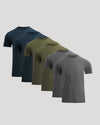 Five men's t-shirts in navy, green, and gray on a light gray background