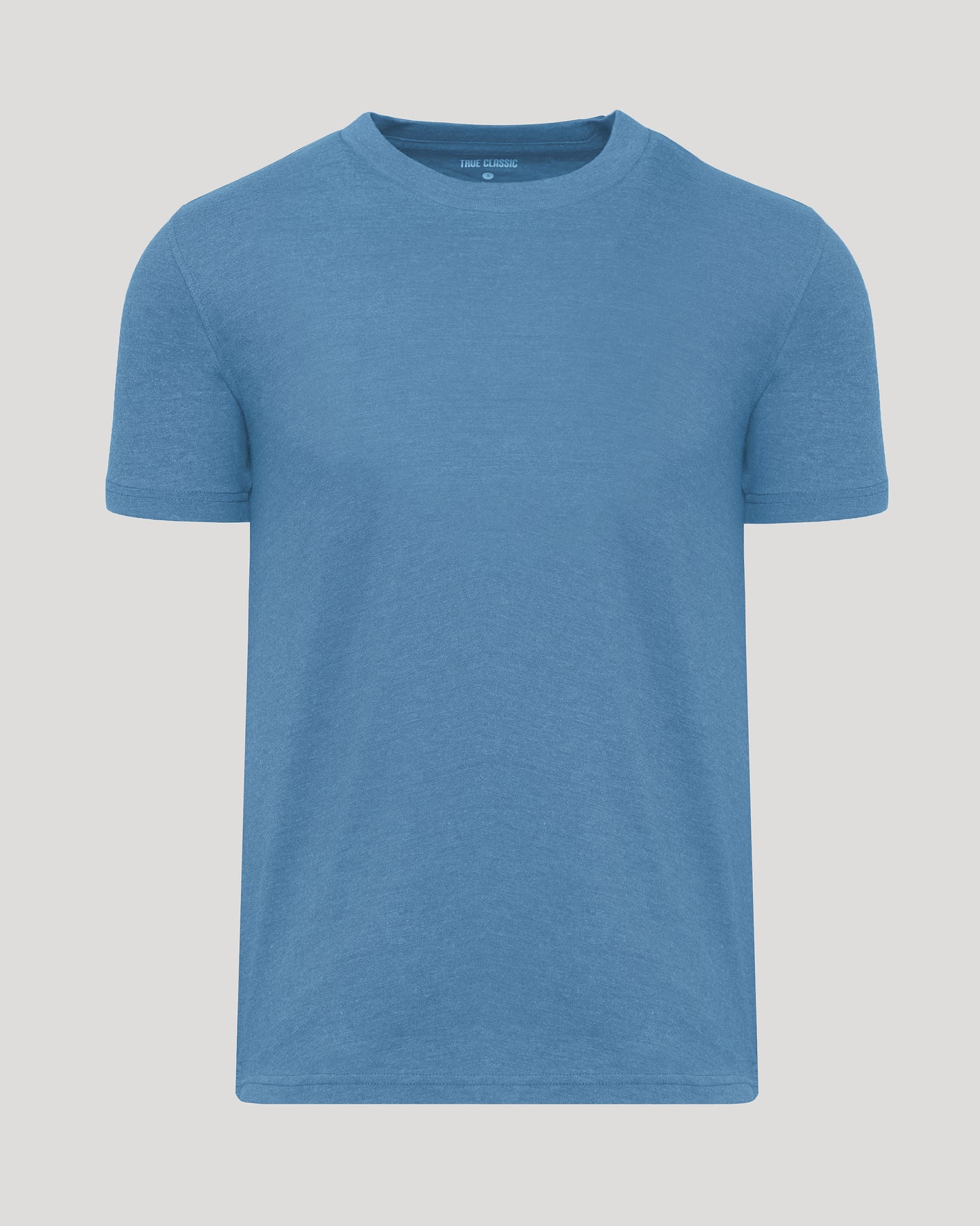 Dark Heather Blue Lake Classic Crew Neck T-shirt, heathered blue, laid flat.