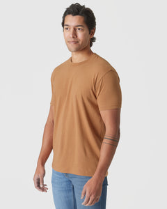 True ClassicGolden Mane Classic Crew modeled by man in slim-fit brown T-shirt.