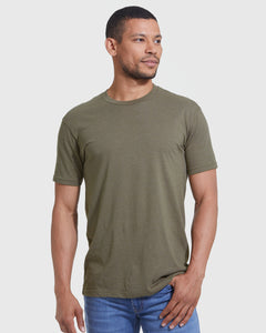 True ClassicMan in olive-green Classic Crew 3-Pack T-shirt and blue jeans.