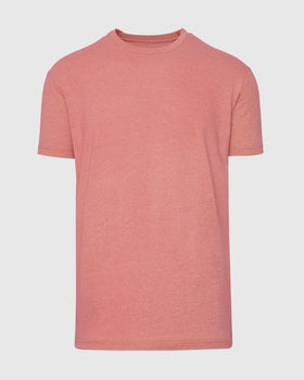 Heather Cayenne Classic Crew Neck T-shirt laid flat, showcasing its soft coral hue.