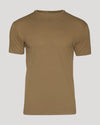 A plain short-sleeve crewneck t-shirt in a solid tan/khaki color, displayed on a neutral light gray background.