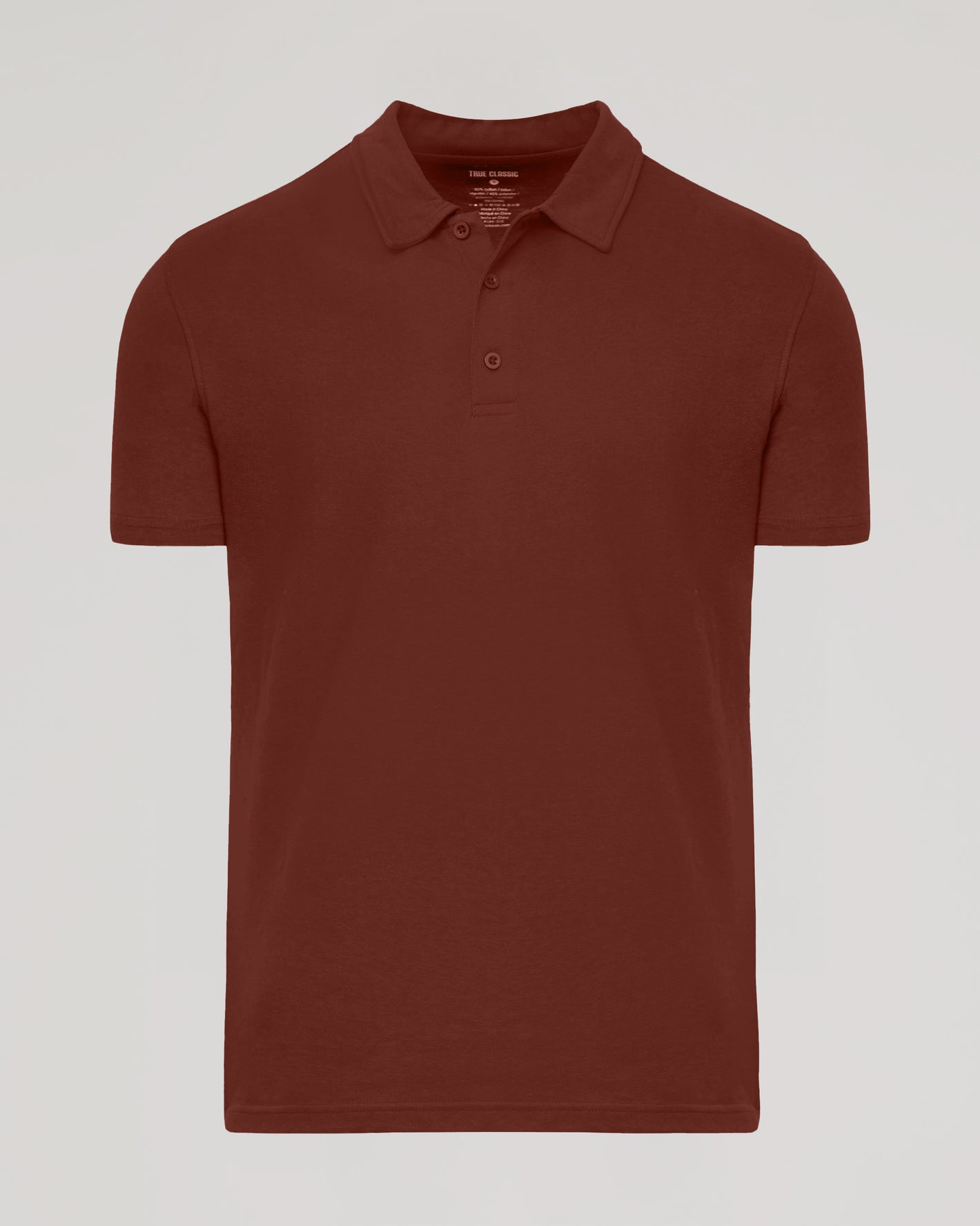 Dark Chocolate Short Sleeve Polo, deep burgundy, laid flat, neutral background.