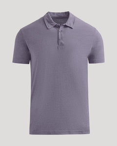 True ClassicDark Heather Amethyst Short Sleeve Polo with three-button placket and classic collar.