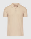 Light Camel Cream Heather Polo, short-sleeve with a three-button placket.