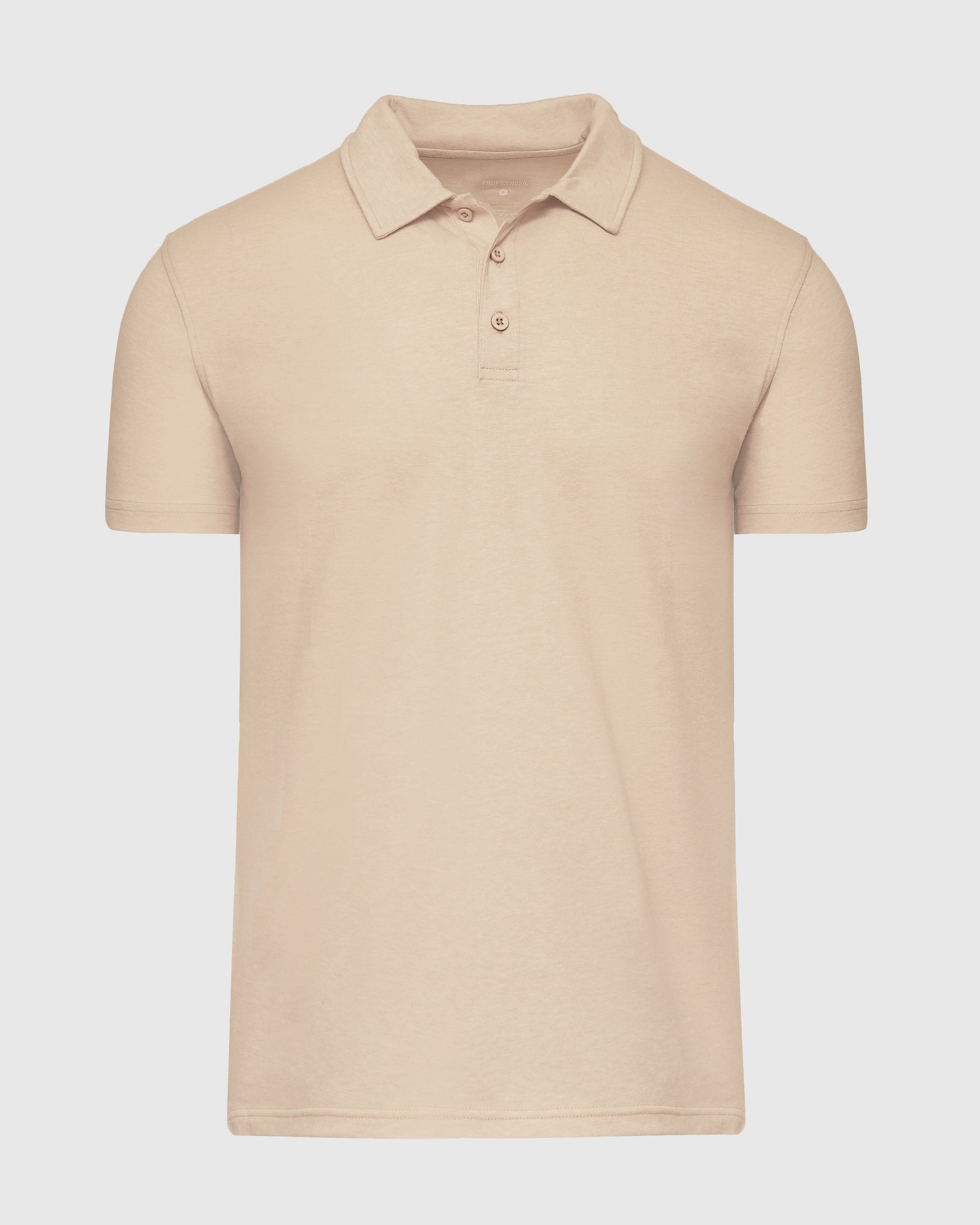 Light Camel Cream Heather Polo, short-sleeve with a three-button placket.