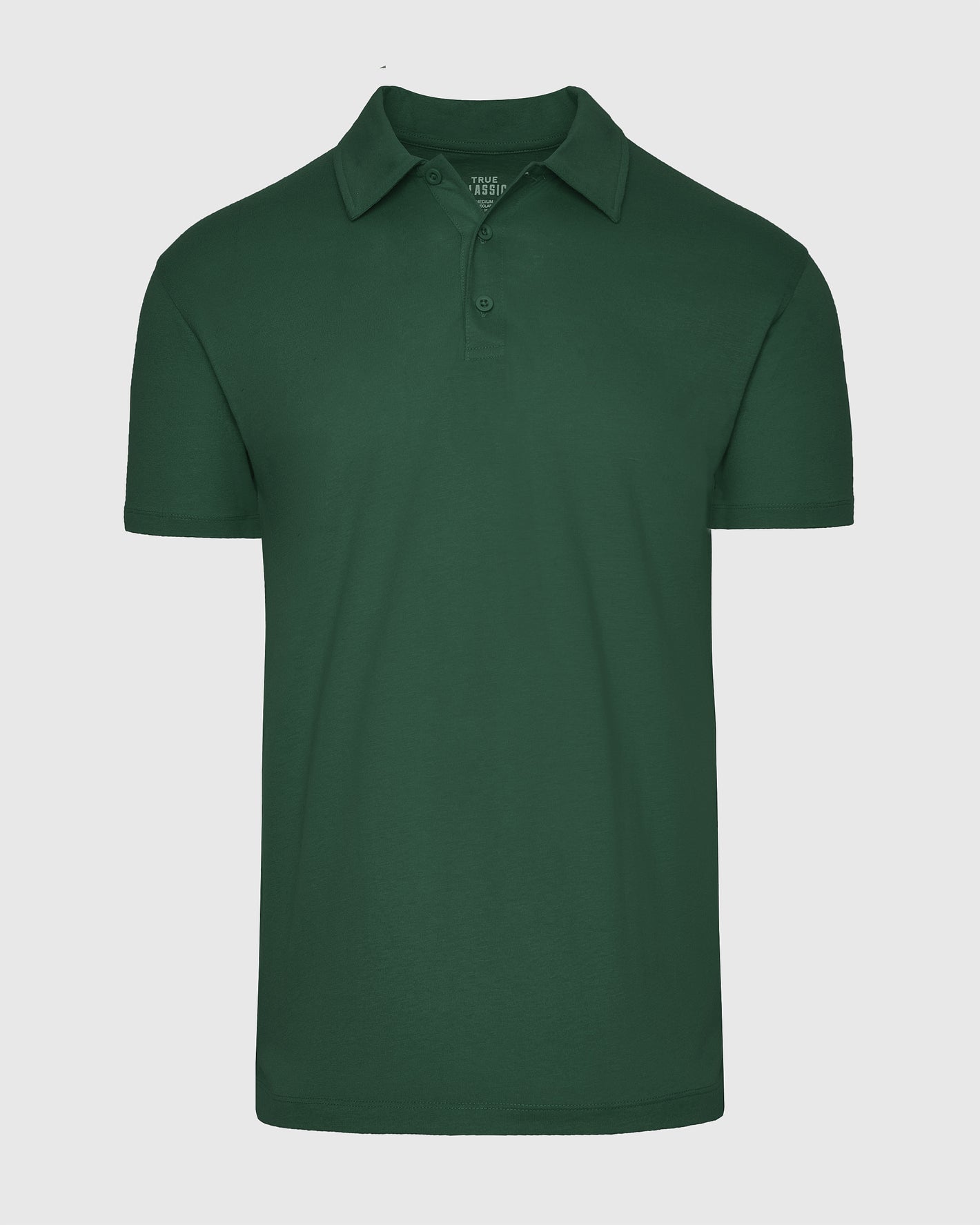 Moss Green Polo, short-sleeved with two-button placket and classic collar.