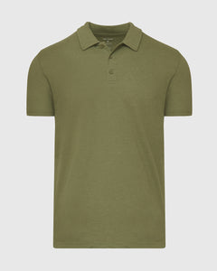 True ClassicOlive Green Heather Polo with short sleeves and three-button placket.