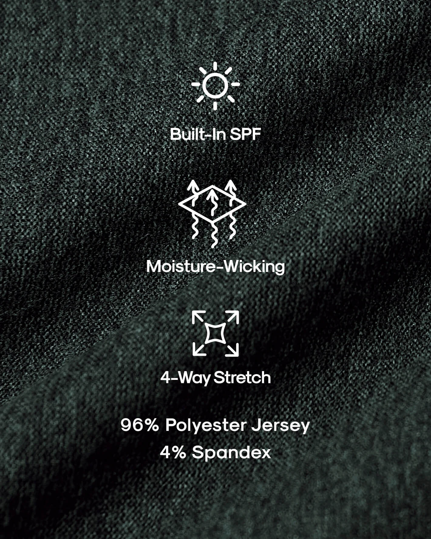 Dark Heather Forest Active Short Sleeve Crew Neck Tee fabric with SPF, moisture-wicking, 4-way stretch icons.