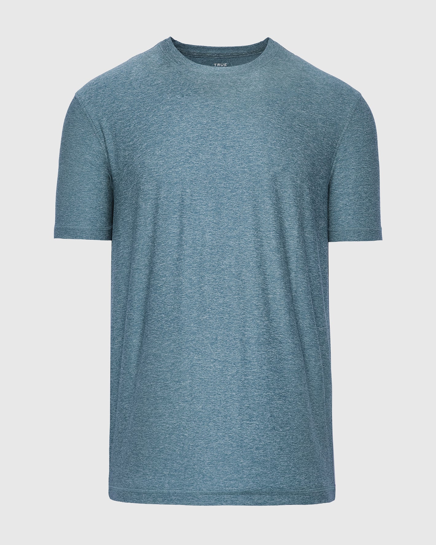 Heather Centurion Short Sleeve Active Crew Neck, heathered teal-blue, laid flat.