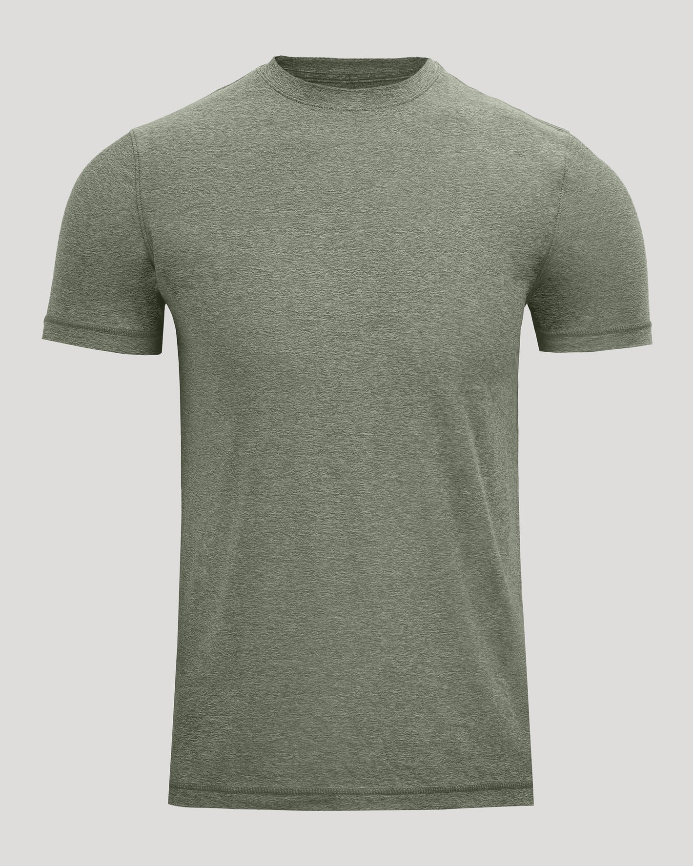 Heather Juniper Active Crew Neck Tee, plain short-sleeved, displayed on gray background.