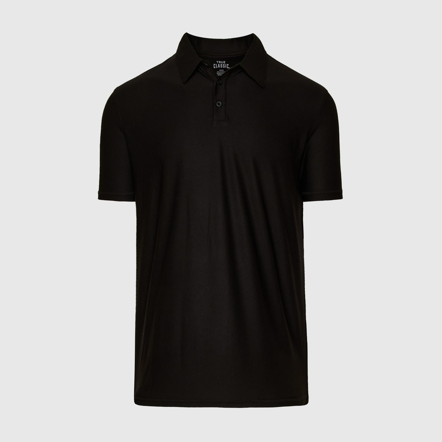 True Classic Men’s Active Polo - Black, short-sleeve, three-button, fold-over collar.