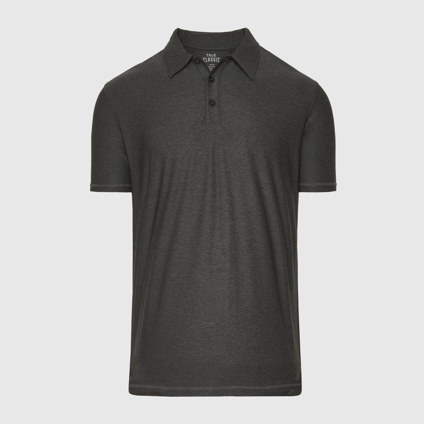True Classic Men’s Active Polo: charcoal-gray, short-sleeve, three-button, classic collar.