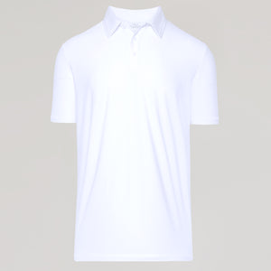 True ClassicWhite Active Polo: plain short-sleeved shirt on light gray background.