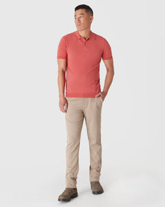True ClassicMan models Garnet Short Sleeve Sweater Polo with beige chinos and boots.