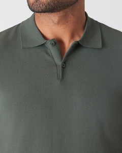 True ClassicMoss Short Sleeve Sweater Polo showing textured knit and collar details.