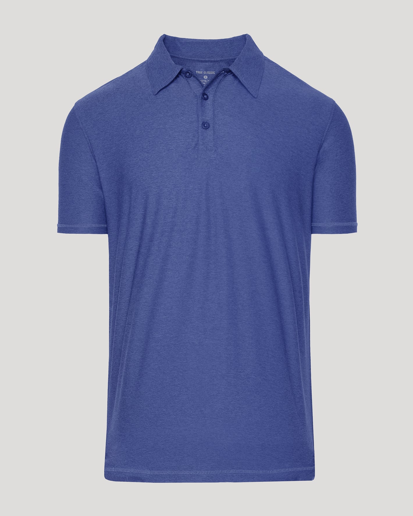 Cosmos Active Polo 2.0 in heathered blue, classic collar, three-button placket.