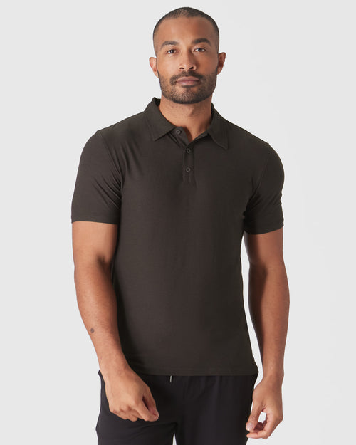 Dark Heather Cocoa Active Polo 2.0 on man against plain background.