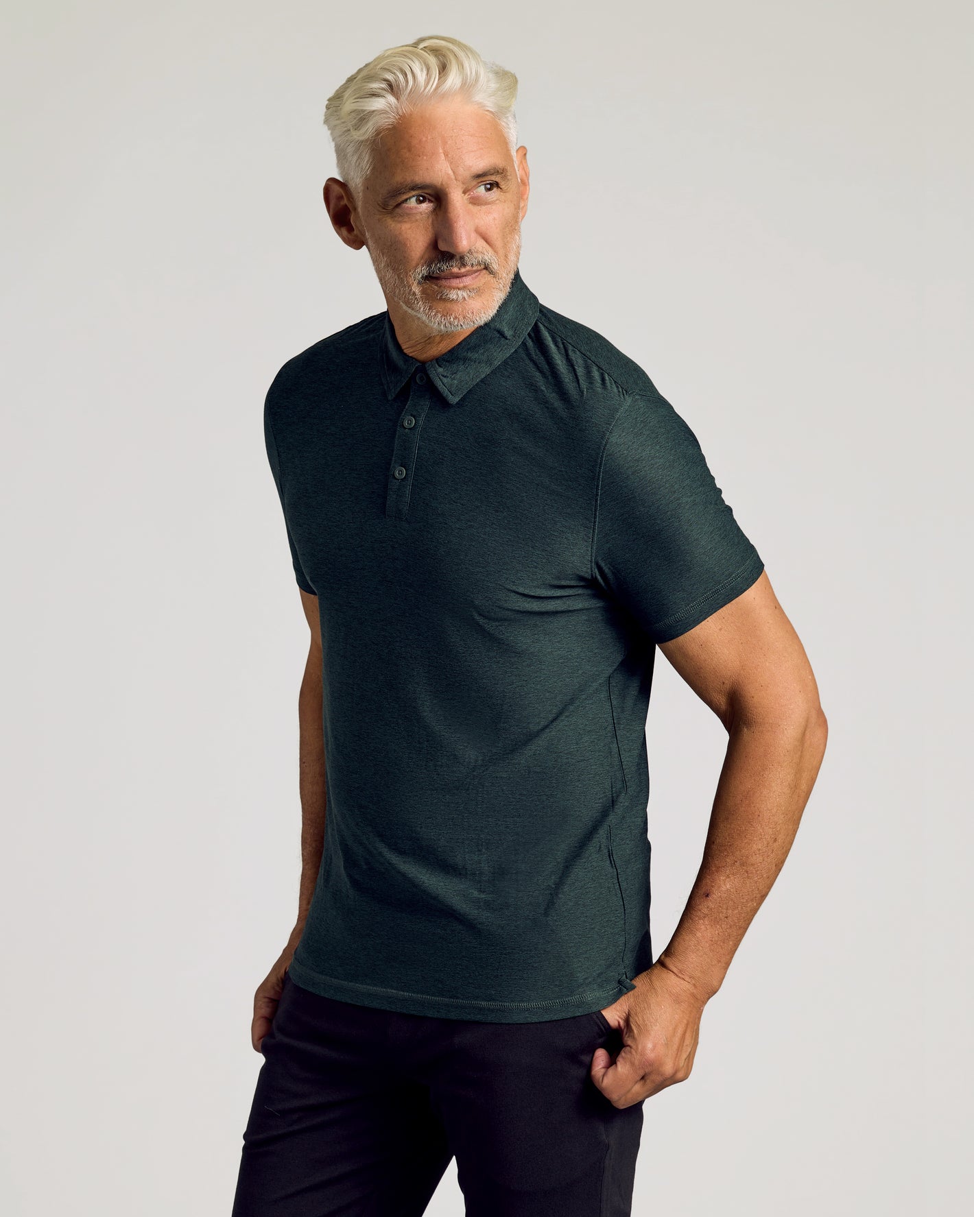 Middle-aged man in True Classic Men’s Active Short Sleeve Polo.