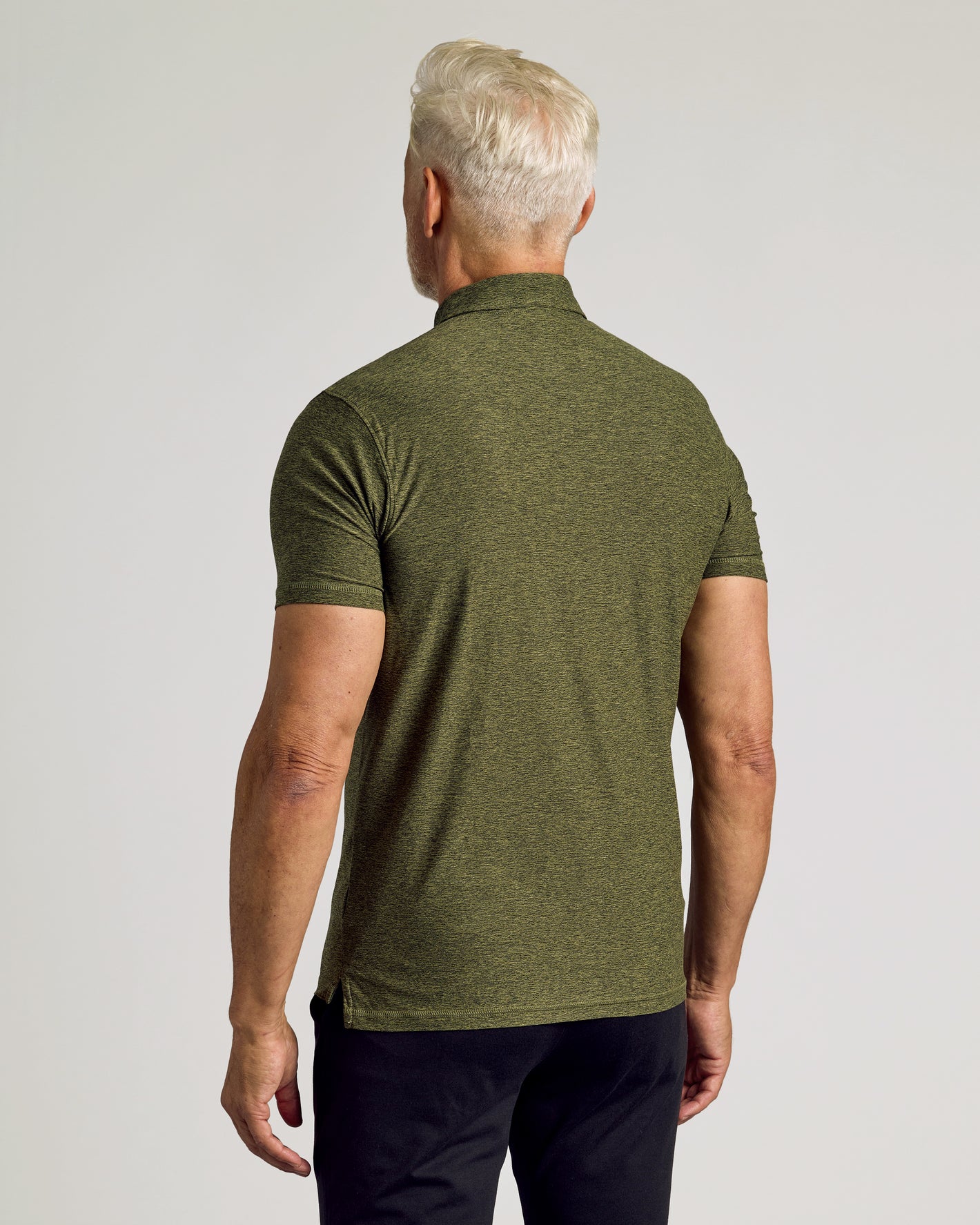 Dark Heather Pear Active Polo 2.0, slim-fit, three-button, olive-green.