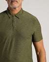 Man wearing Dark Heather Pear Active Polo 2.0 with three-button placket.