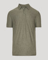 Heather Military Green Active Polo 2.0, laid flat, short-sleeve, three-button.